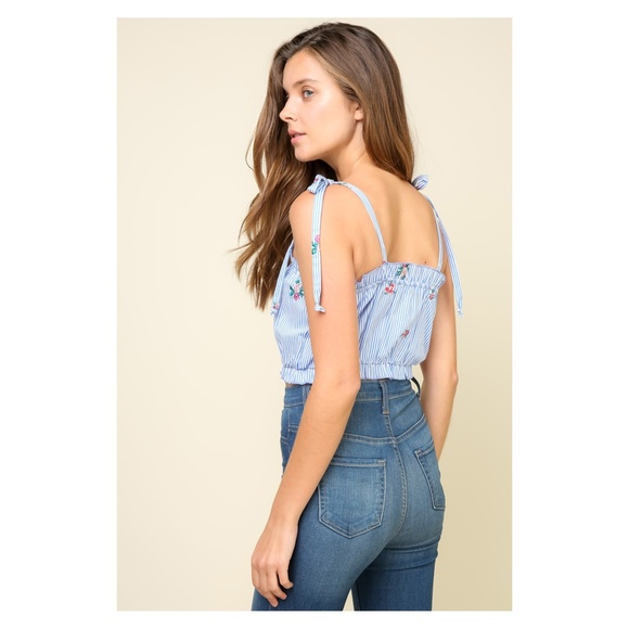 Blue Striped Floral Embroidered Ruffle Crop Top - Picture 2 of 6